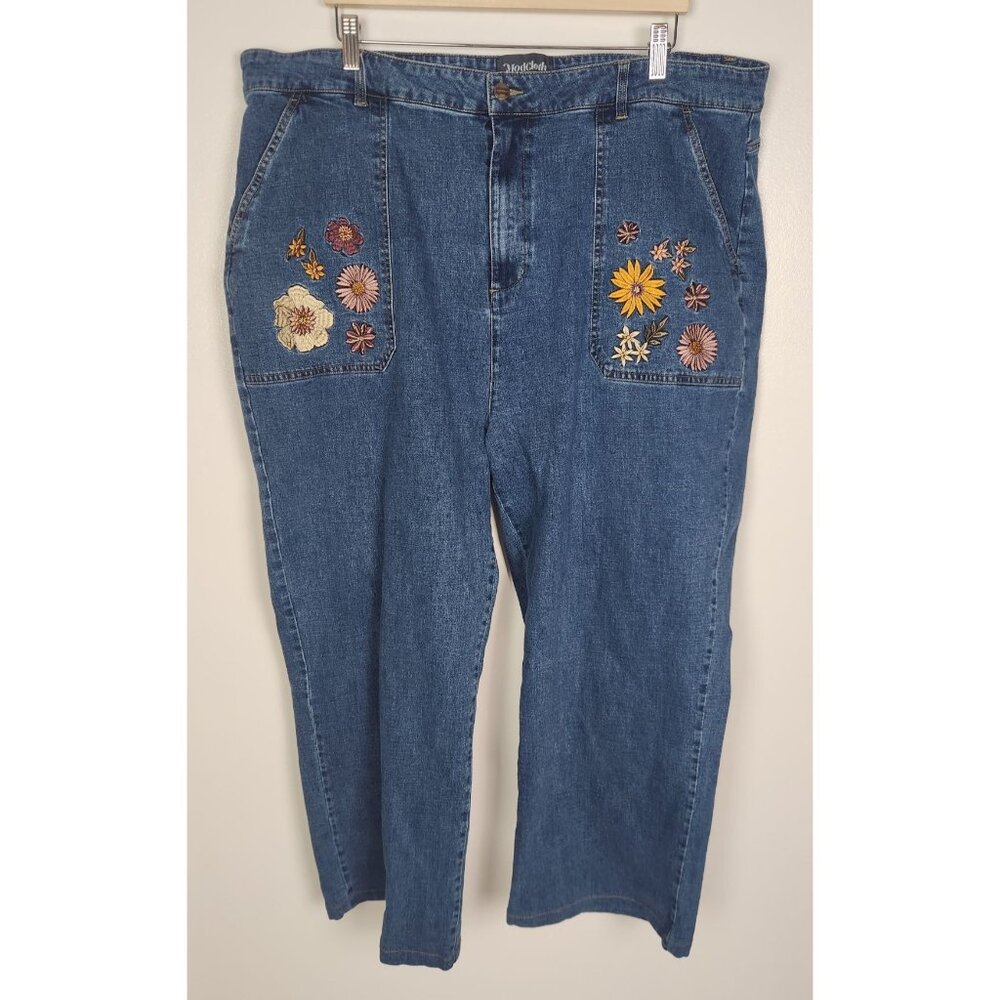 ModCloth x Princess Highway Women's Sz. 26W Floral Embroidered Wide Leg Jeans